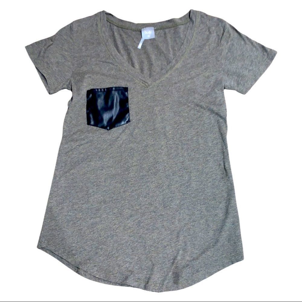 Grey V-Neck Tee With Vegan Leather Pocket 